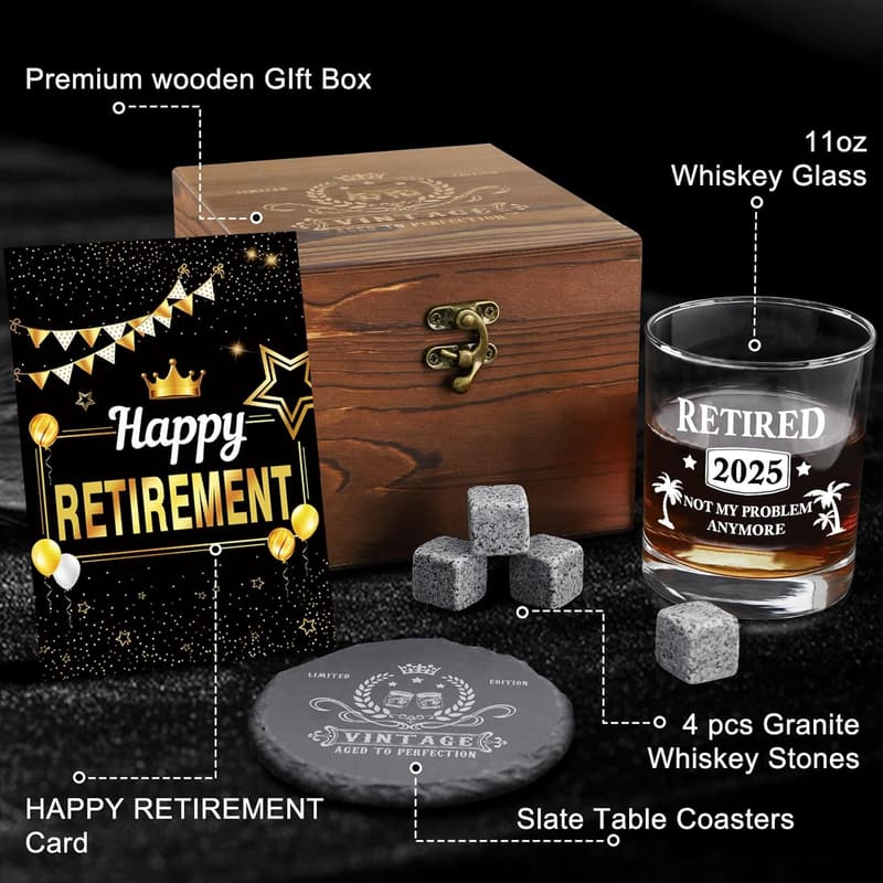 2025 Retirement Whiskey Glass Set for Him with Card & Coasters