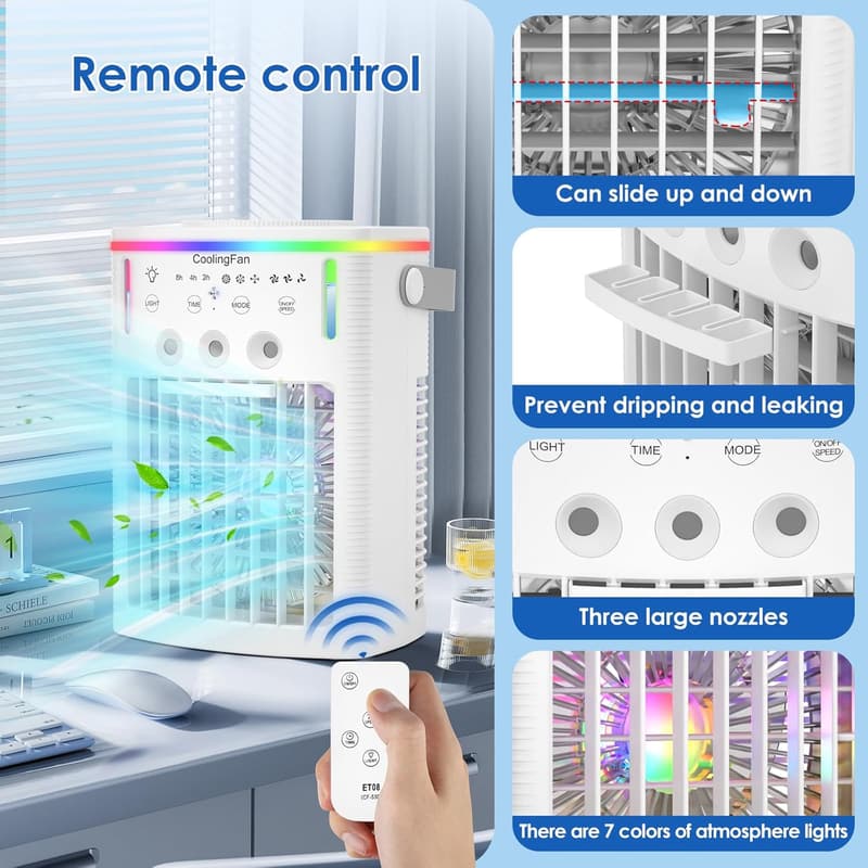 4-in-1 Portable Air Cooler with Remote and 7-Color LED