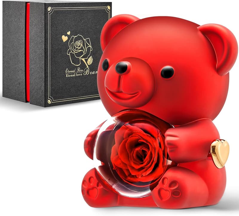 Preserved Rose with Teddy Bear in Black Gift Box for Anniversaries