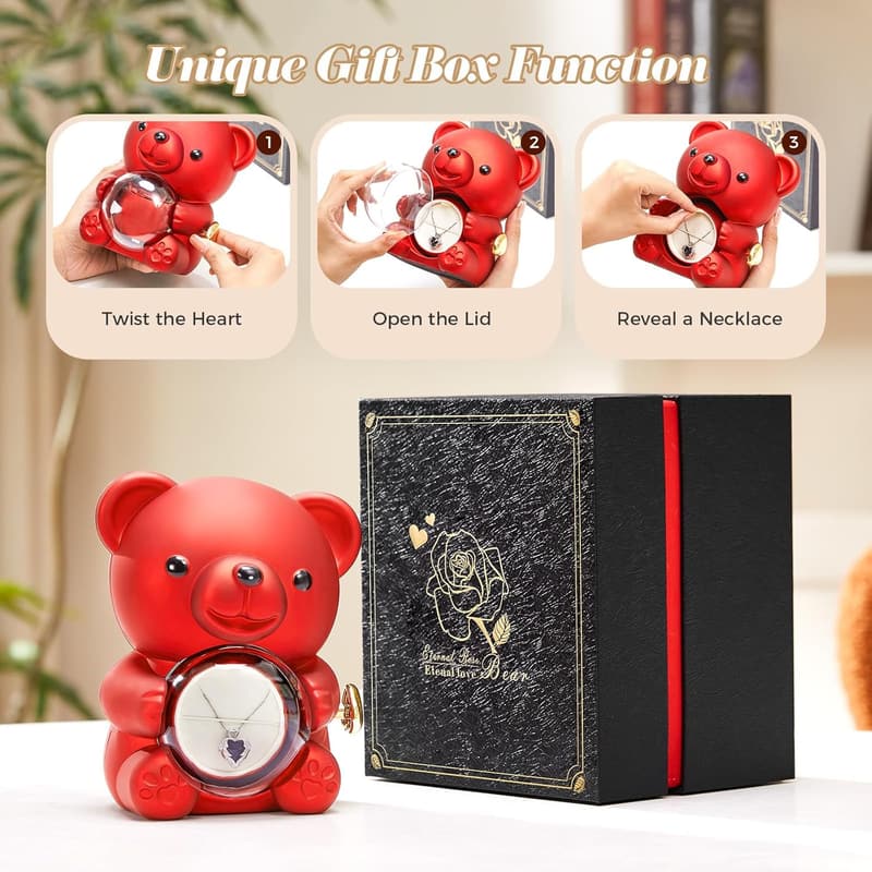 Preserved Rose with Teddy Bear in Black Gift Box for Anniversaries