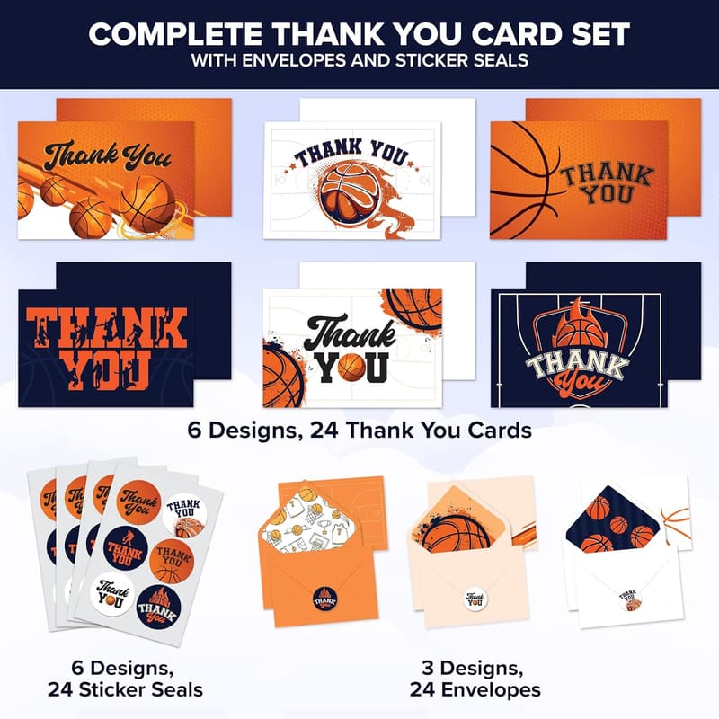 Thank You Cards for Basketball Coaches - 24 Pack, 6 Designs
