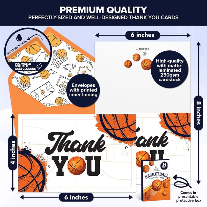 Thank You Cards for Basketball Coaches - 24 Pack, 6 Designs