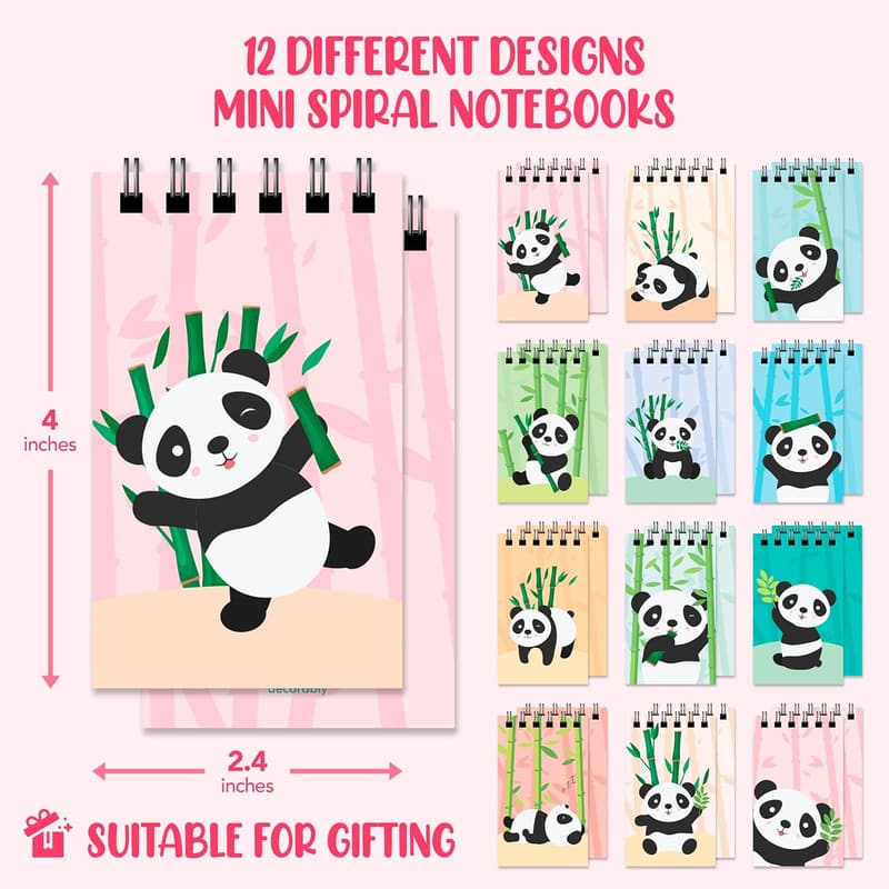 Panda Party Favors - 24 Pack, 12 Designs, Spring Bound Notebooks
