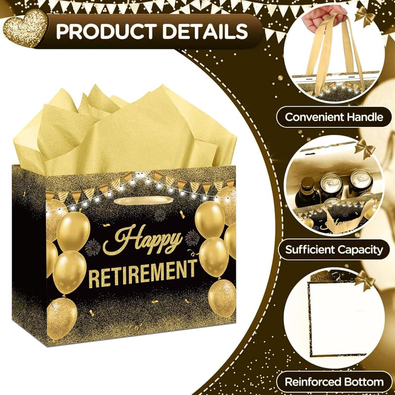Black Gold Happy Retirement Gift Bag Set with Card
