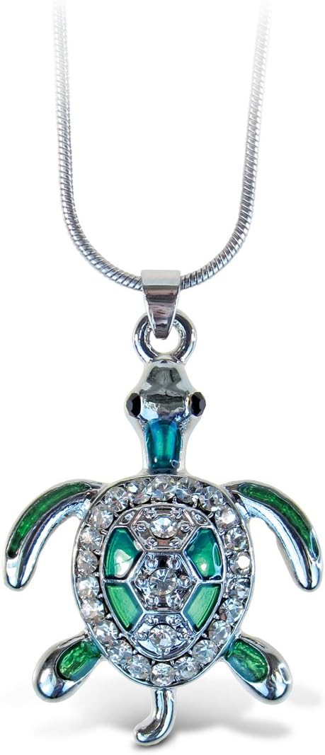 Green Sea Turtle Necklace with Silver Chain and Rhinestones