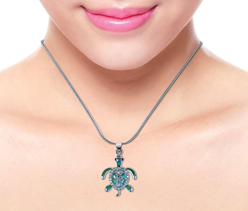 Green Sea Turtle Necklace with Silver Chain and Rhinestones