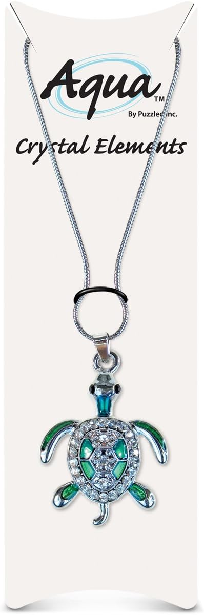 Green Sea Turtle Necklace with Silver Chain and Rhinestones