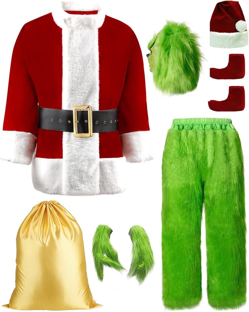 Deluxe Men's Green Santa Costume & Mask - 8PCS Halloween Set