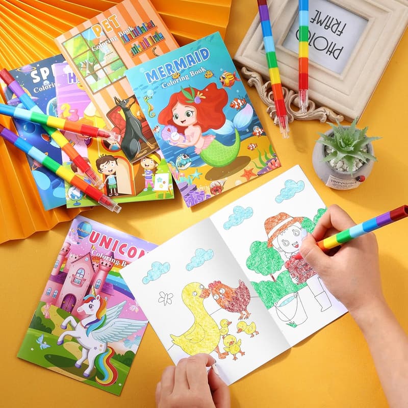 Kids' Mini Coloring Books Set with Stacking Crayons - 12 Pcs
