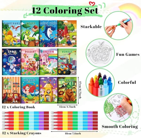 Kids' Mini Coloring Books Set with Stacking Crayons - 12 Pcs