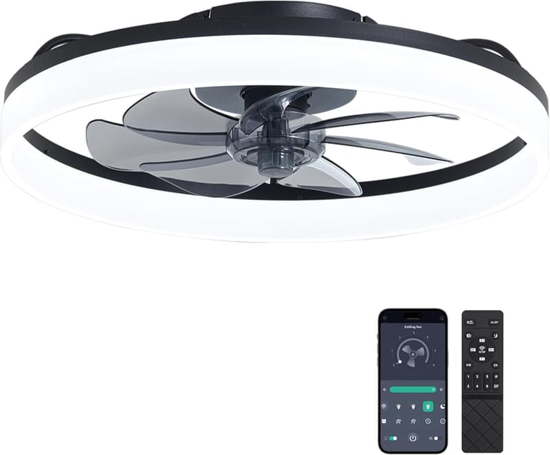 Modern Black Ceiling Fan with Lights & Remote - 20'' Flush Mount