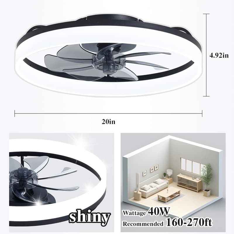 Modern Black Ceiling Fan with Lights & Remote - 20'' Flush Mount