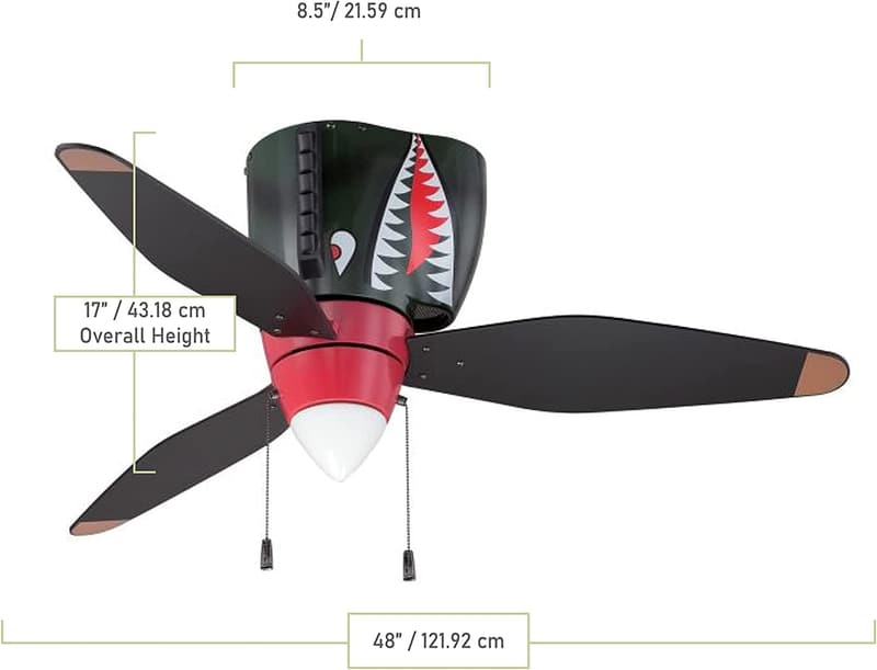 Kids 48-Inch Tiger Shark Warplane Ceiling Fan with Light