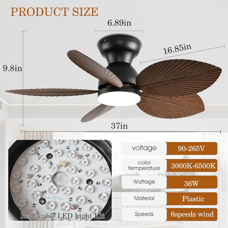 38-Inch Tropical Flush Mount Ceiling Fan with Remote Control