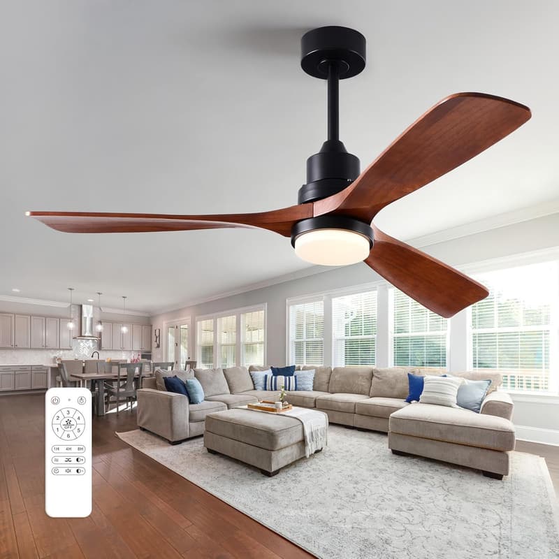 52 Inch Wood Ceiling Fan with Lights and Remote, 6 Speed
