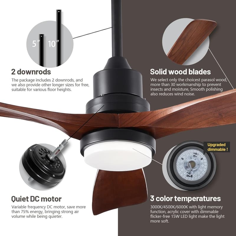 52 Inch Wood Ceiling Fan with Lights and Remote, 6 Speed