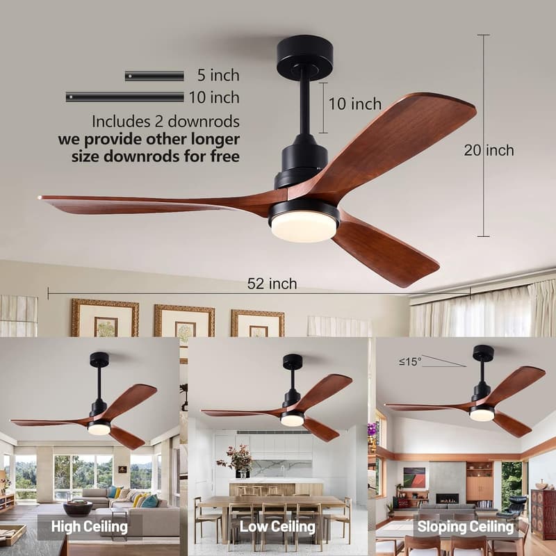 52 Inch Wood Ceiling Fan with Lights and Remote, 6 Speed