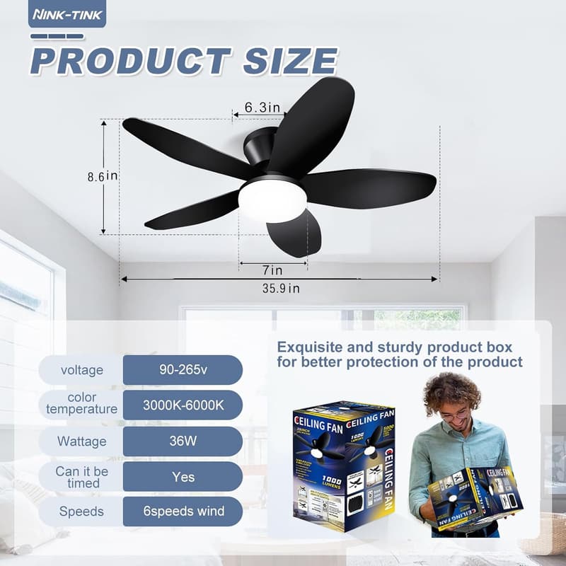 35-Inch Flush Mount Ceiling Fan with Lights and Remote