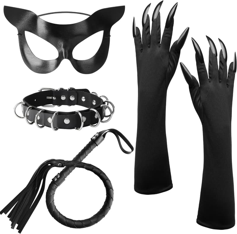 Halloween Cat Woman Costume Accessories Set - Black Mask, Gloves, Necklace