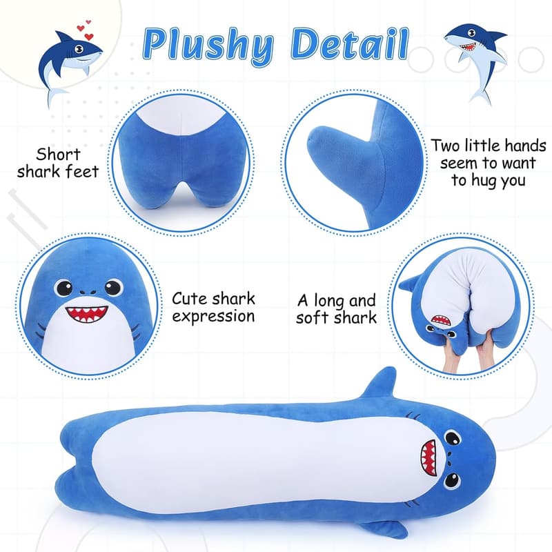 Kawaii 20” Shark Plush Pillow Toy for Kids and Adults