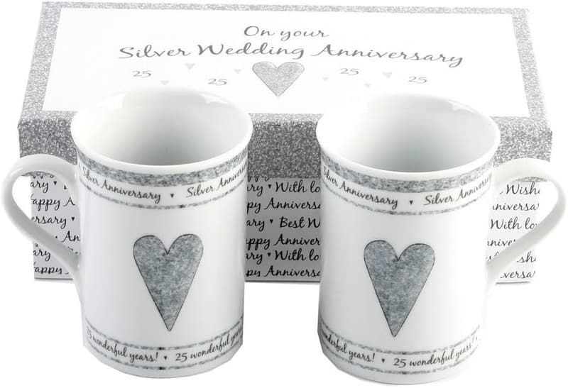 25th Anniversary Ceramic Mugs Set - Heart Design, Microwave Safe