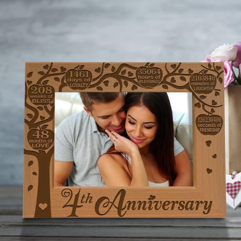 4th Anniversary Engraved Natural Wood Picture Frame (4x6)