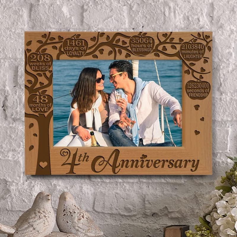 4th Anniversary Engraved Natural Wood Picture Frame (4x6)