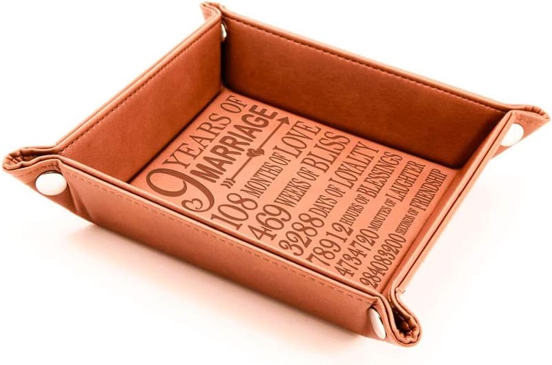 9th Wedding Anniversary Engraved Leather Valet Tray