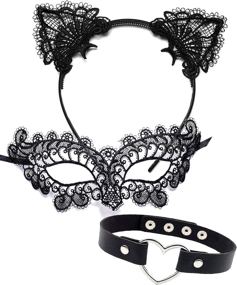 Halloween Cat Woman Costume Set - Lace Ears, Choker & Mask