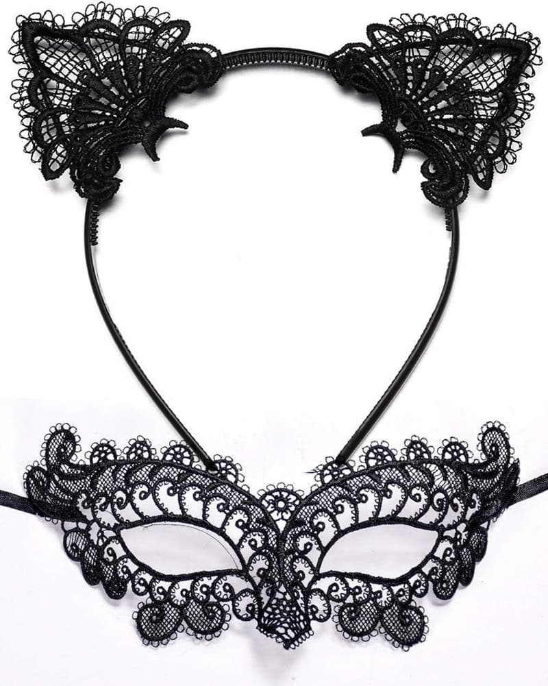 Halloween Cat Woman Costume Set - Lace Ears, Choker & Mask