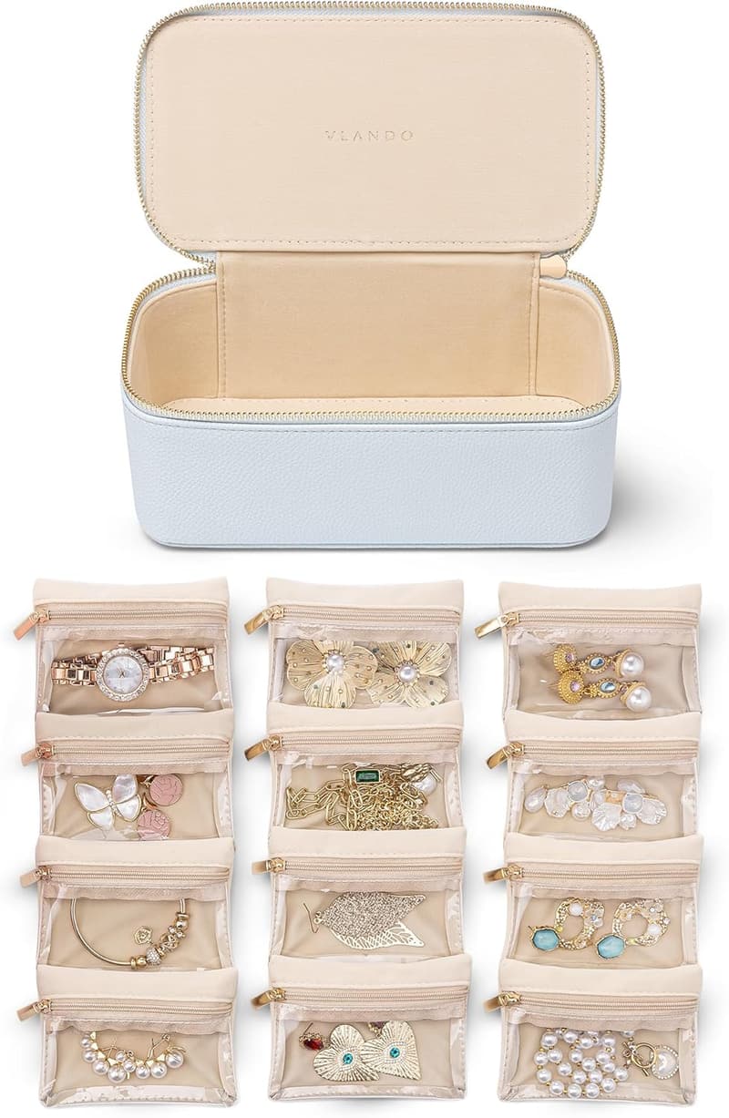 Christmas Gift Jewelry Organizer with 12 Velvet Pockets - Baby Blue