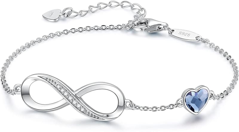 Mother's Day Infinity Heart Birthstone Bracelet for Women, 925 Silver