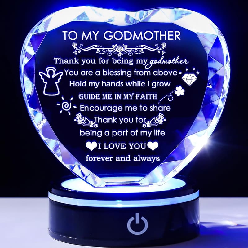 Heart Crystal Keepsake for Godmother with Colorful LED Base
