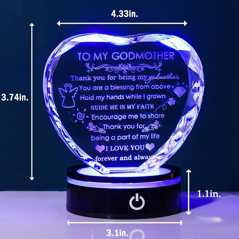 Heart Crystal Keepsake for Godmother with Colorful LED Base