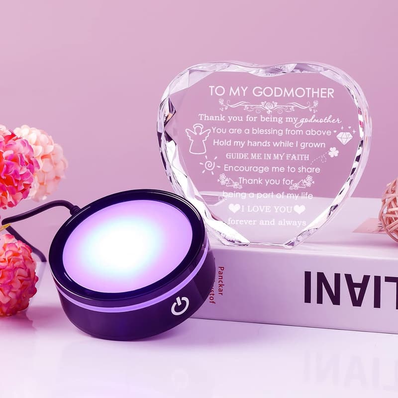 Heart Crystal Keepsake for Godmother with Colorful LED Base