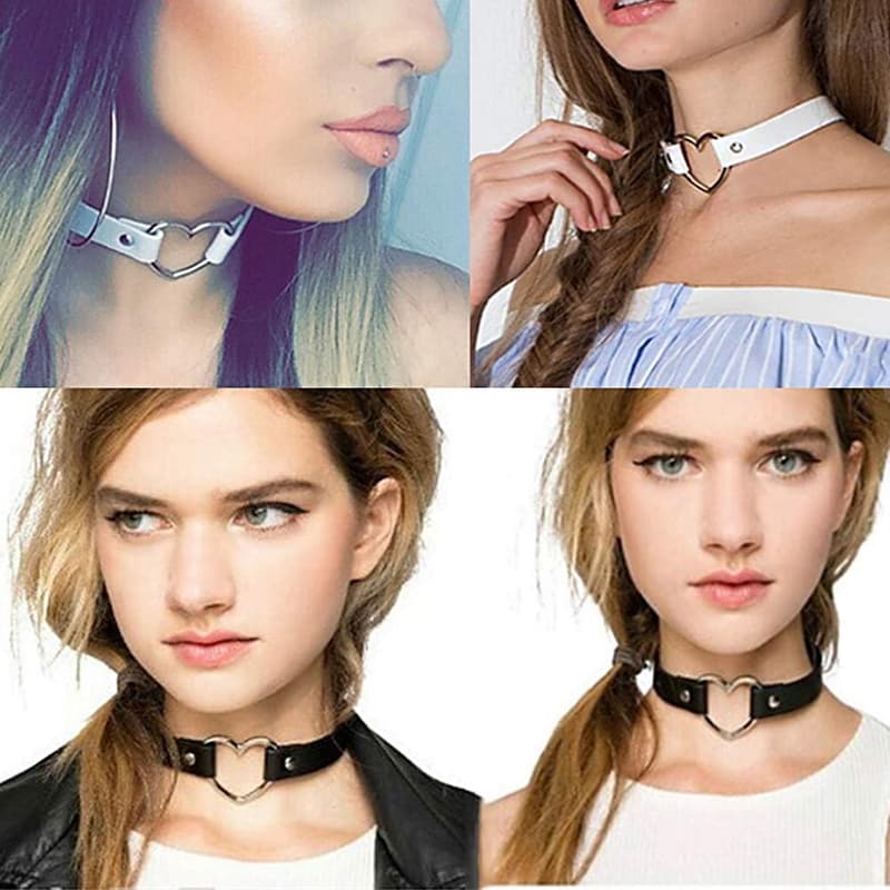 Gothic Love Heart Adjustable Leather Choker Necklace for Women