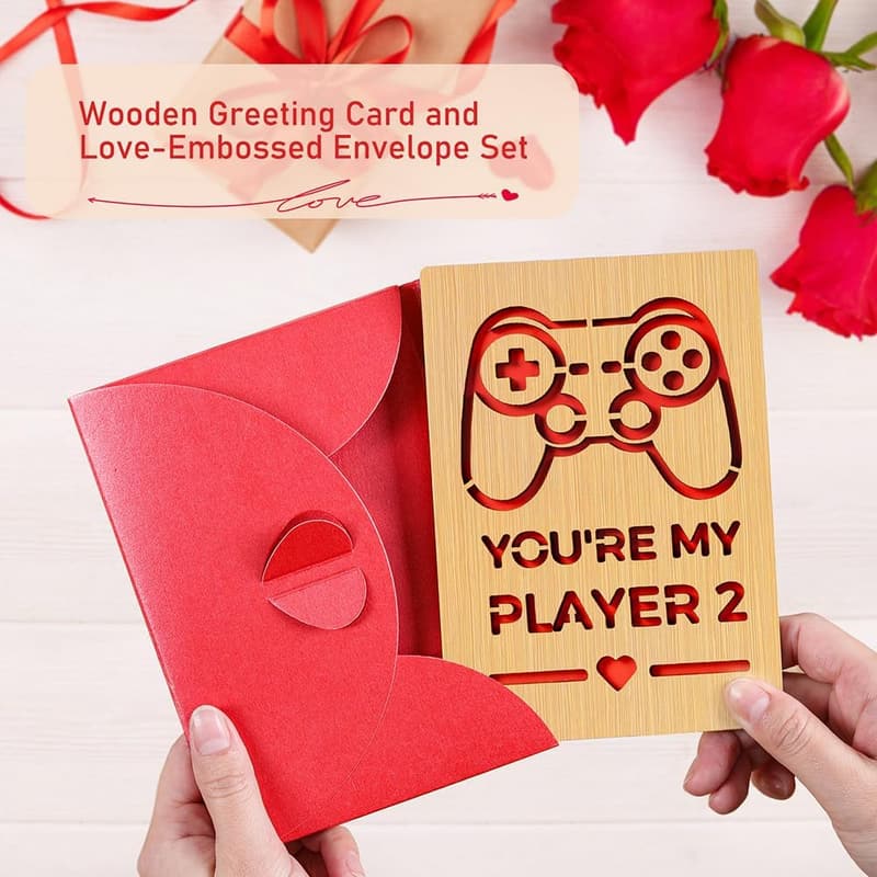 Handmade Wooden Valentine's Day Card for Gamers