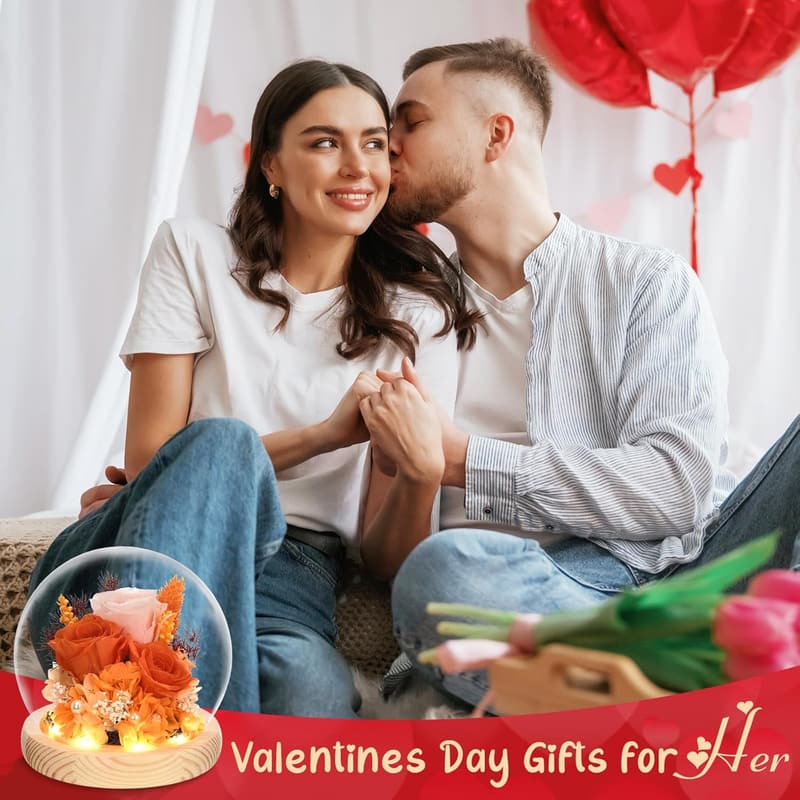 Real Rose in Glass Dome with LED Light - Valentine's Gift for Her