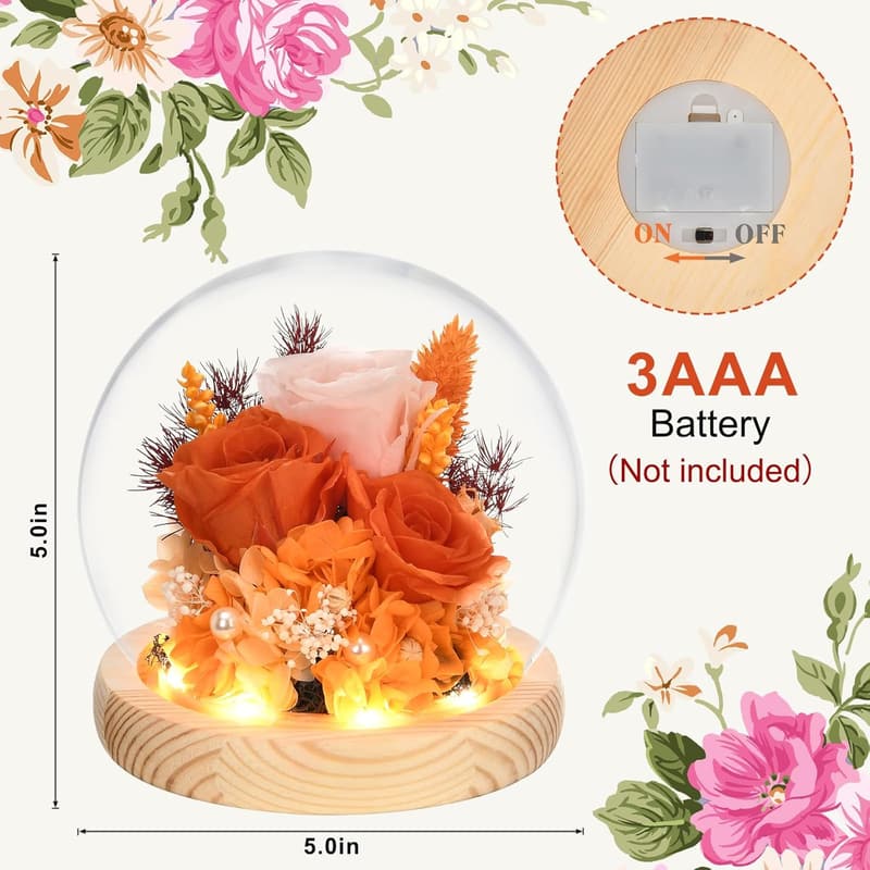 Real Rose in Glass Dome with LED Light - Valentine's Gift for Her