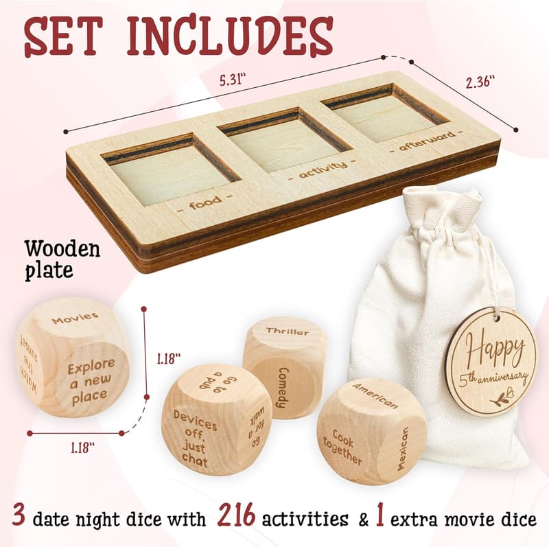 5th Anniversary Wooden Gift for Couples - Date Night Dice