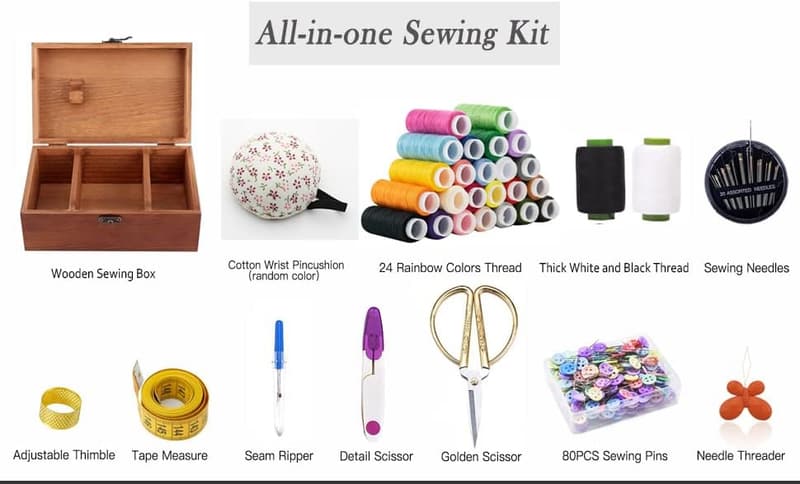Wooden Sewing Kit with Cute Accessories for Kids & Beginners