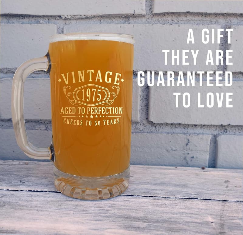 50th Birthday Vintage Gold Beer Mug Stein – 16oz Gift for Men & Women
