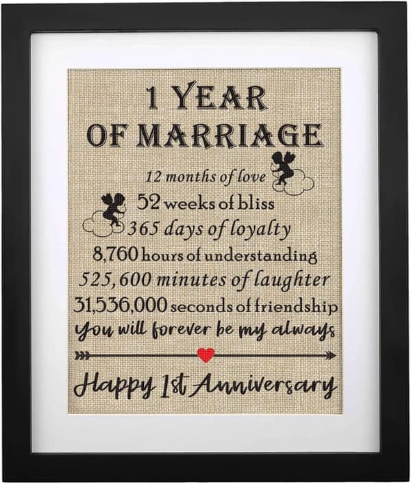1st Anniversary Framed Burlap Print Keepsake for Couples