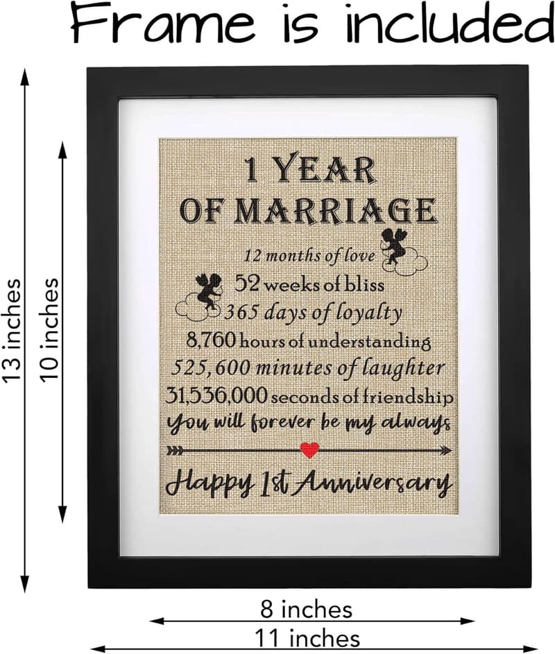 1st Anniversary Framed Burlap Print Keepsake for Couples