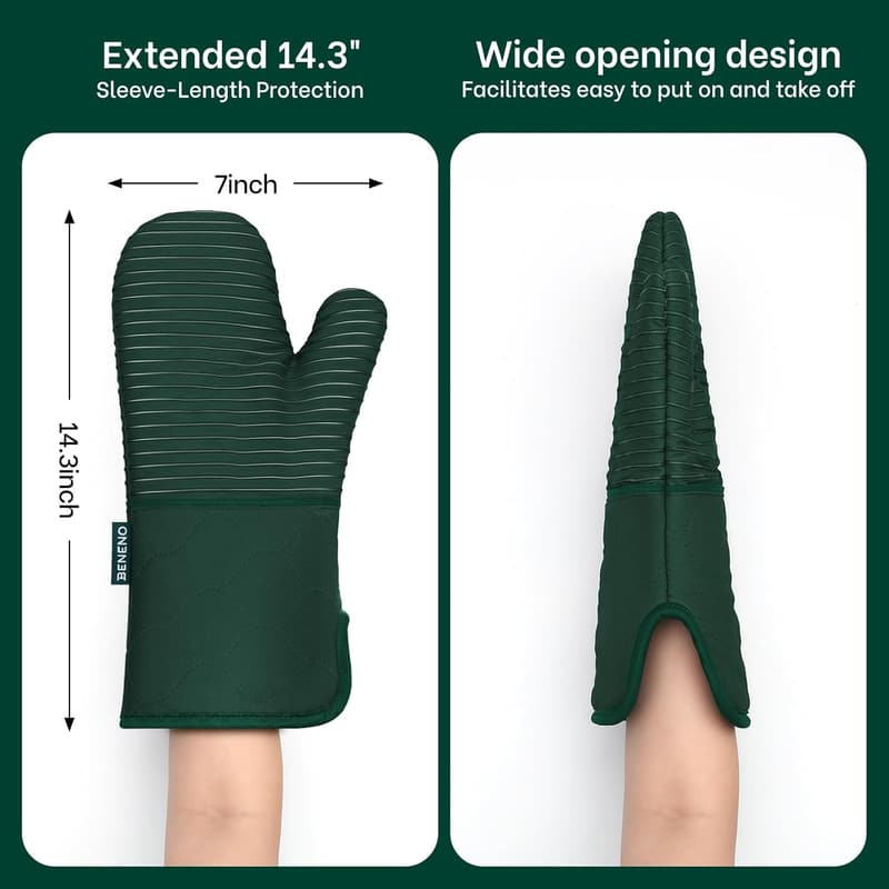 High Heat Resistant Silicone Oven Mitts - 2 Pack, Green
