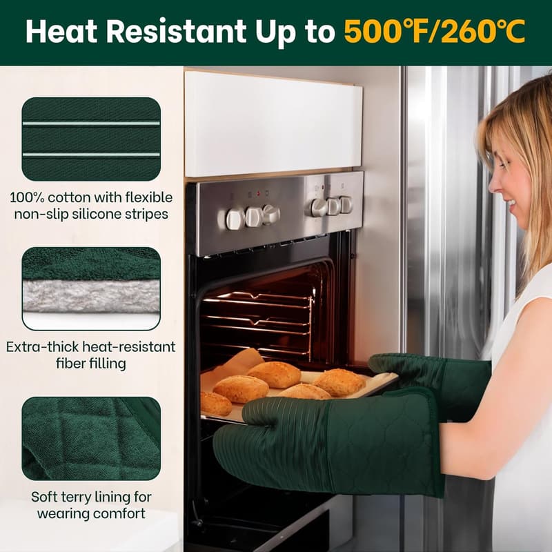 High Heat Resistant Silicone Oven Mitts - 2 Pack, Green