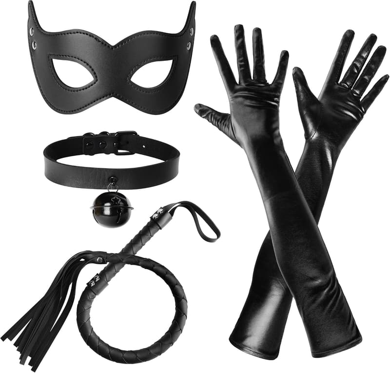 Halloween Cat Woman Costume Accessory Set - Black Mask & Gloves