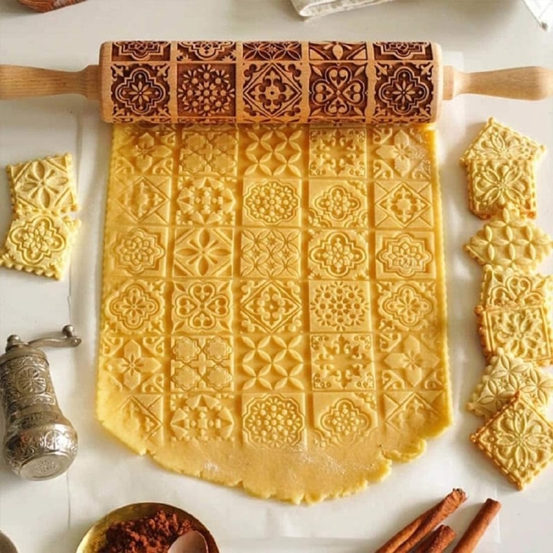 Christmas Embossed Cookies Wooden Rolling Pin