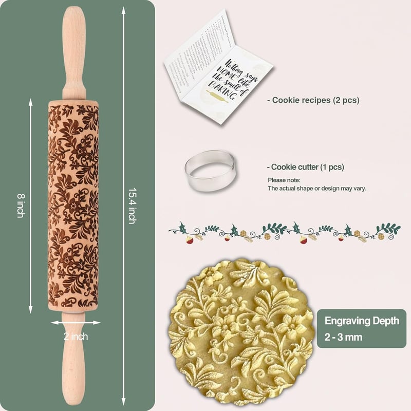 Embossed Floral Rolling Pin for Baking and Cookie Design