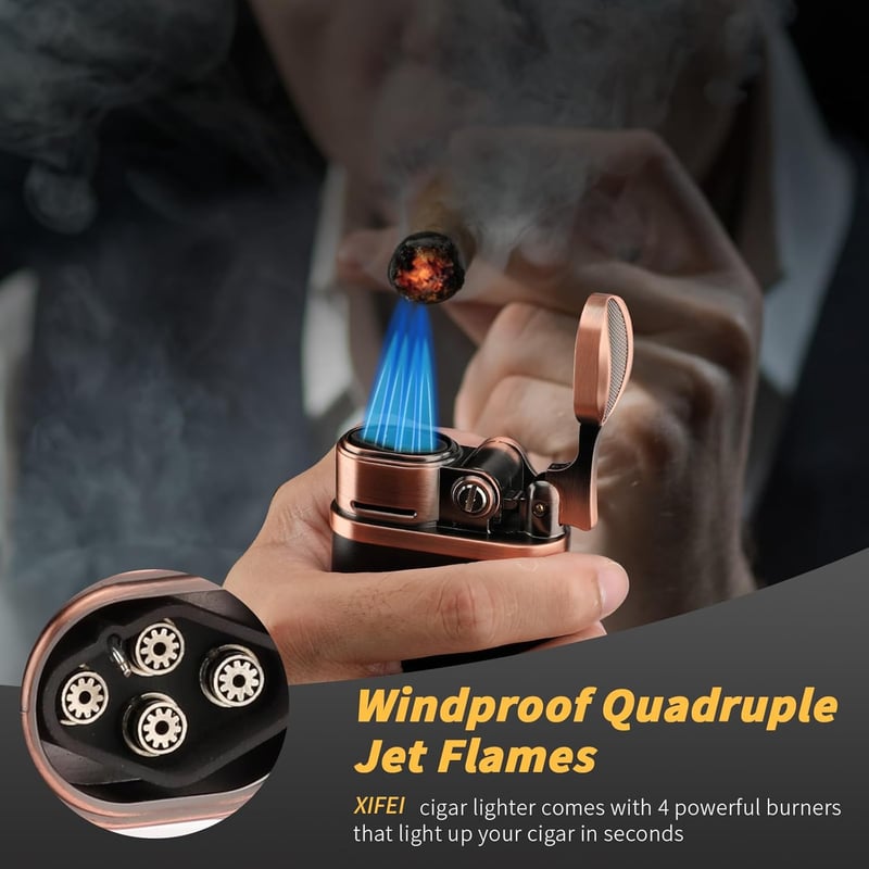 Men's Windproof 4-Jet Cigar Lighter with Holder – Bronze